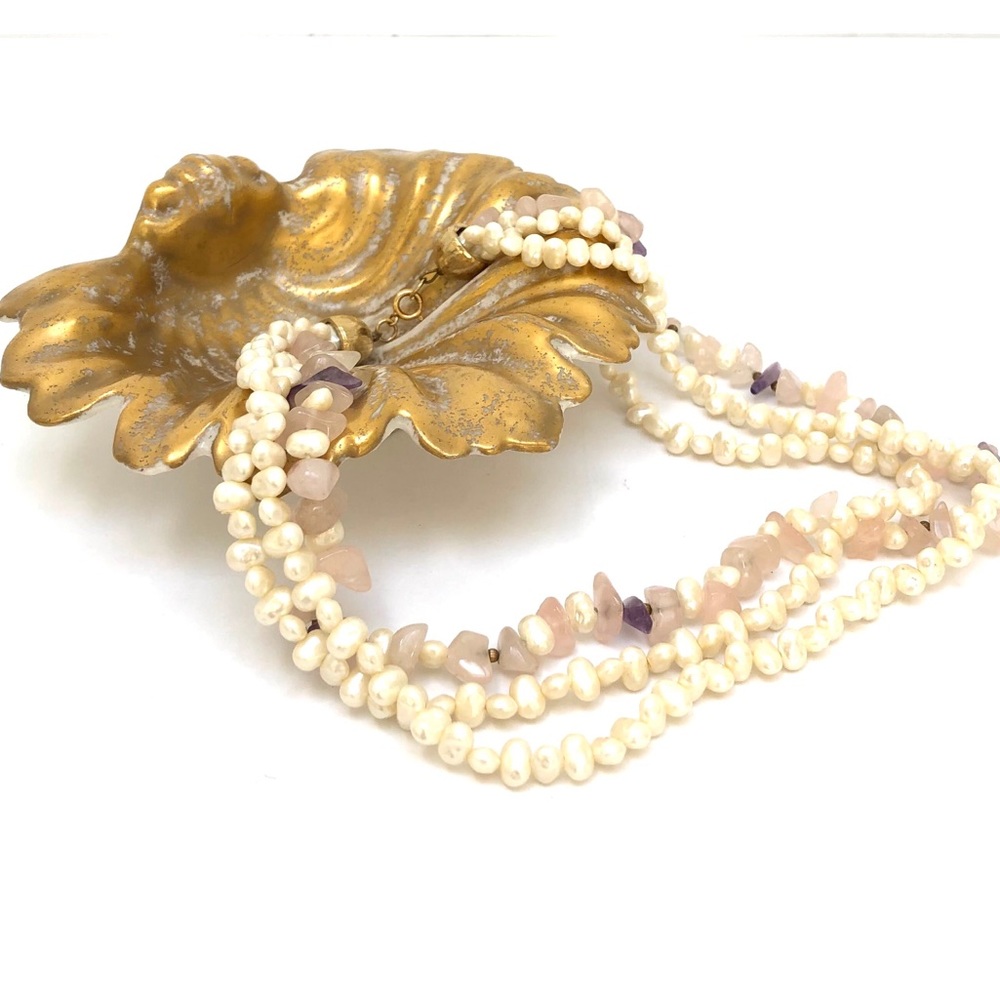 Triple Strand Freshwater Pearl and Stone  Necklace Vintage 1980’s